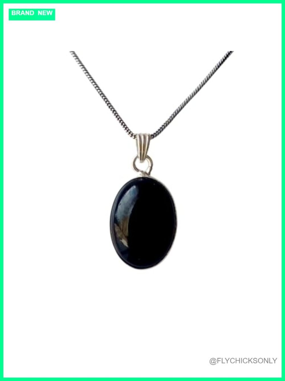 Black Onyx Oval Cabochon Pendant Necklace 18 Inch Chain Silver Overlay